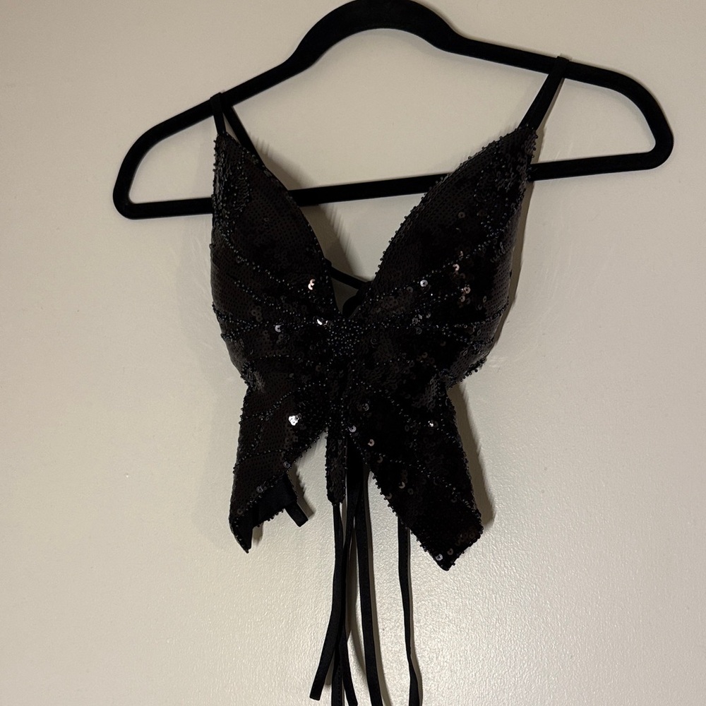 Black Sequin Tie-Front Crop Top